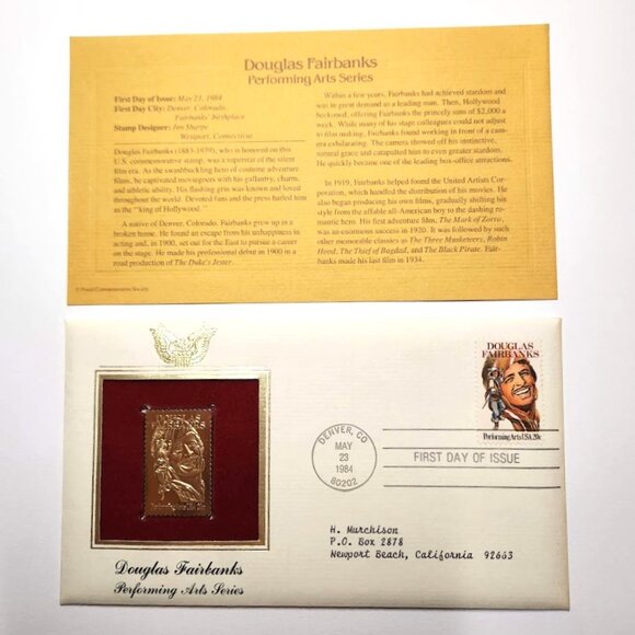 Douglas Fairbanks Actor Performing Arts 1984 1st Day USPS 22KT GOLD STAMP Stamp - Picture 9 of 12